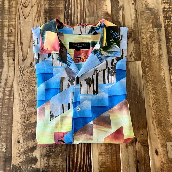 Rag & Bone Hawaiian button down shirt size medium yellow blue assorted pattern - Picture 4 of 5